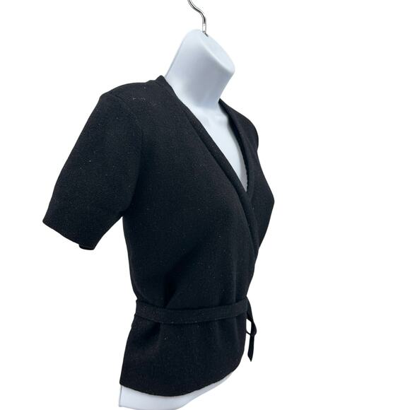 Gap Wrap Top Womens M Black Sparkle Wool Blend Knit Short Sleeve Cropped V-Neck - Picture 2 of 6